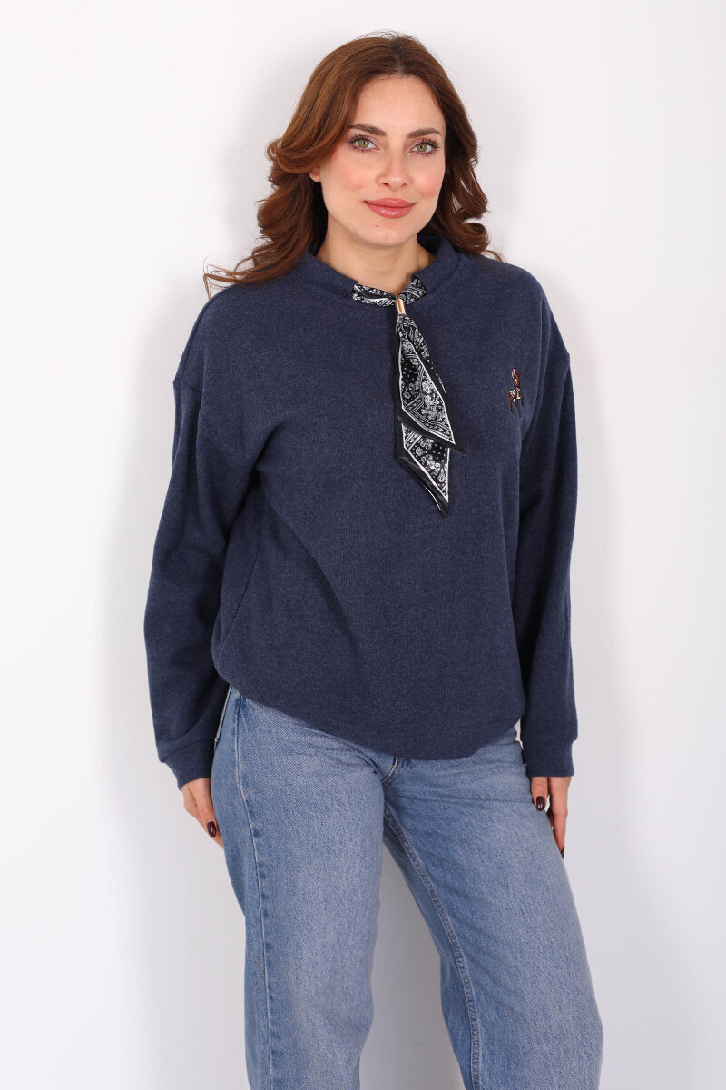 Baskılı Yakası Fularlı Lacivert Kadın Selanik Sweat - 4