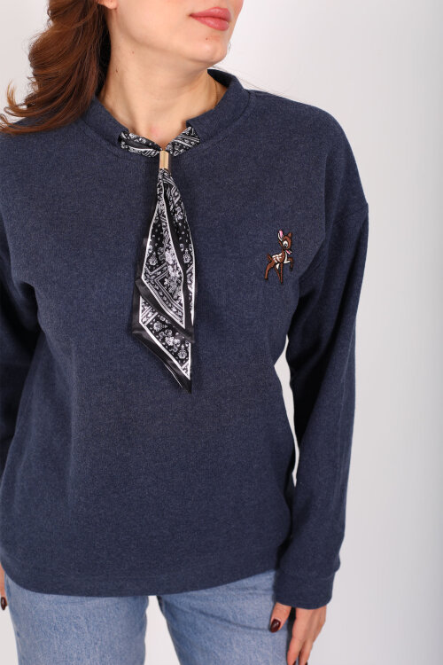 Baskılı Yakası Fularlı Lacivert Kadın Selanik Sweat - 2