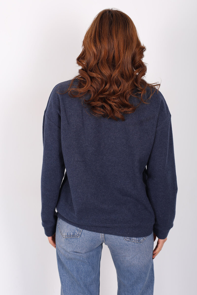 Baskılı Yakası Fularlı Lacivert Kadın Selanik Sweat - 5