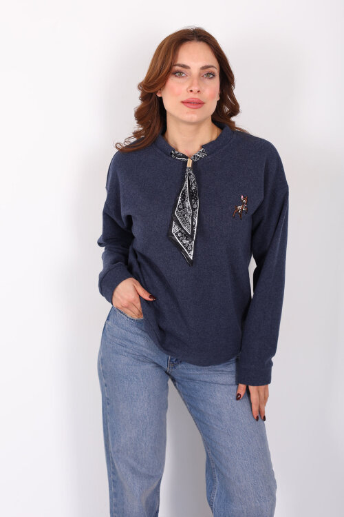 Baskılı Yakası Fularlı Lacivert Kadın Selanik Sweat - 6