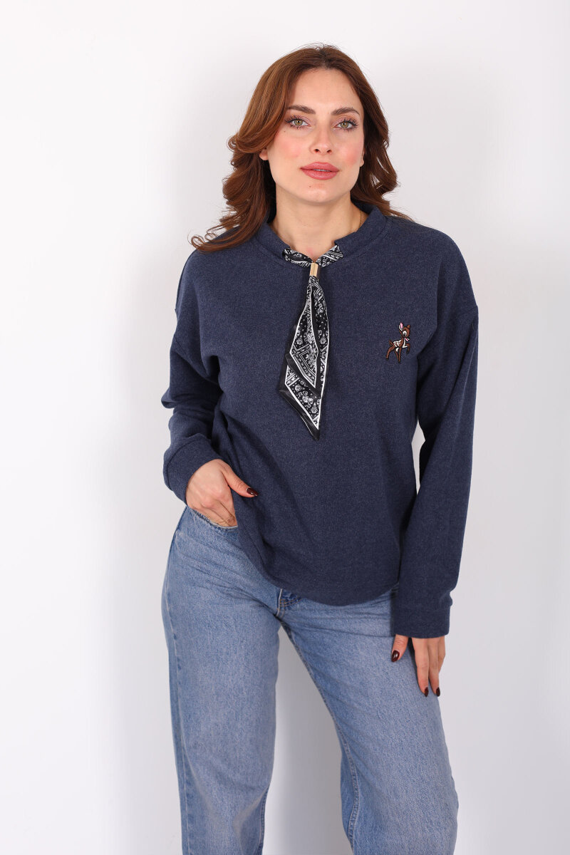 Baskılı Yakası Fularlı Lacivert Kadın Selanik Sweat - 6