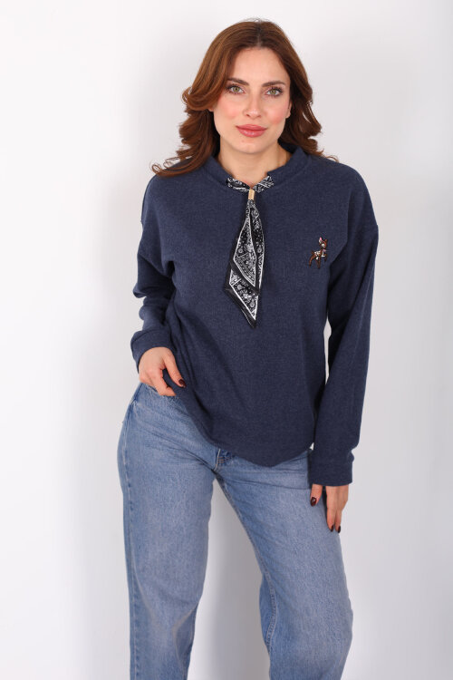 Baskılı Yakası Fularlı Lacivert Kadın Selanik Sweat - 3