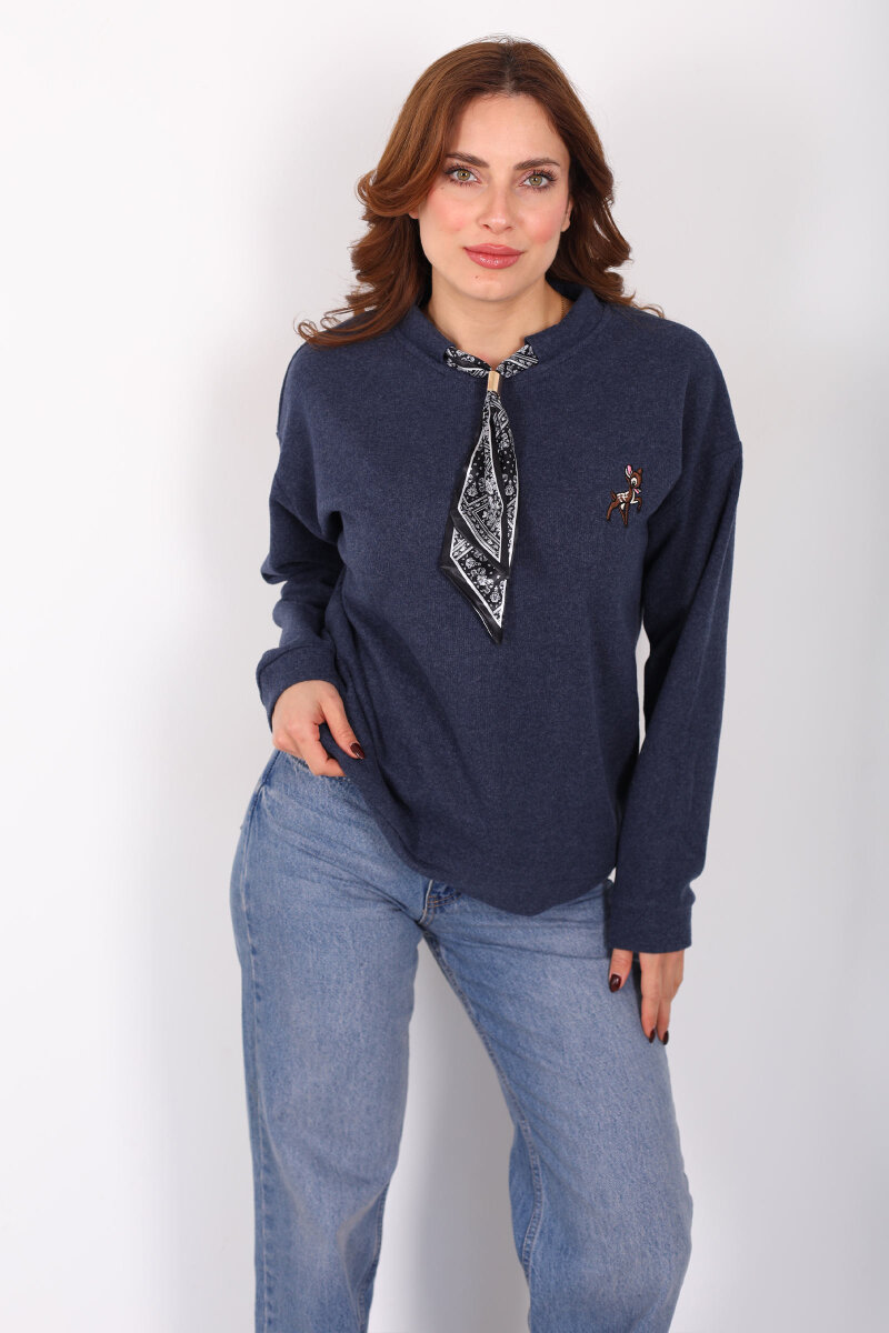 Baskılı Yakası Fularlı Lacivert Kadın Selanik Sweat - 3