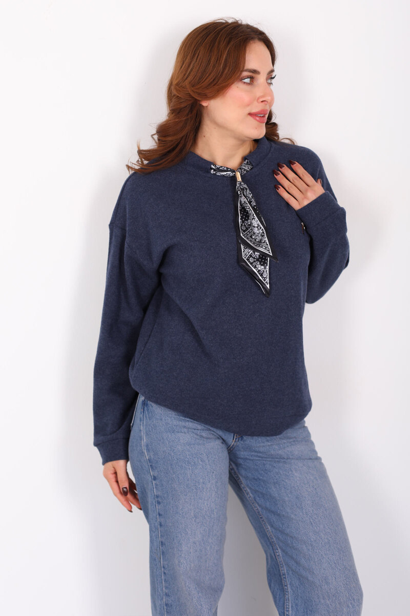 Baskılı Yakası Fularlı Lacivert Kadın Selanik Sweat - 1