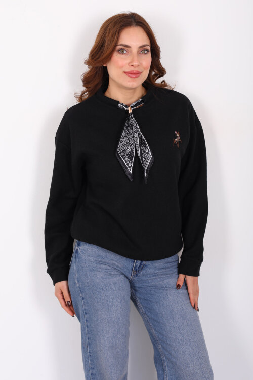 Baskılı Yakası Fularlı Siyah Kadın Selanik Sweat - 4