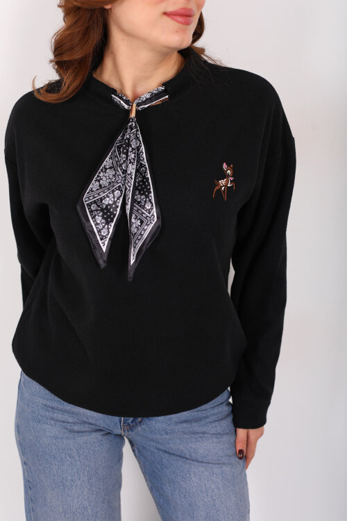 Baskılı Yakası Fularlı Siyah Kadın Selanik Sweat - 2