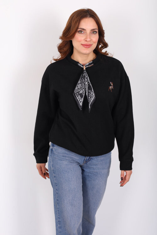 Baskılı Yakası Fularlı Siyah Kadın Selanik Sweat - 3