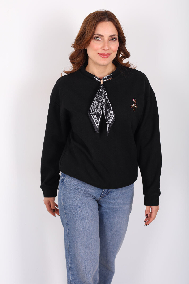 Baskılı Yakası Fularlı Siyah Kadın Selanik Sweat - 3
