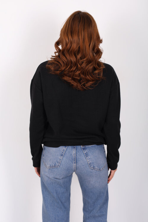 Baskılı Yakası Fularlı Siyah Kadın Selanik Sweat - 5