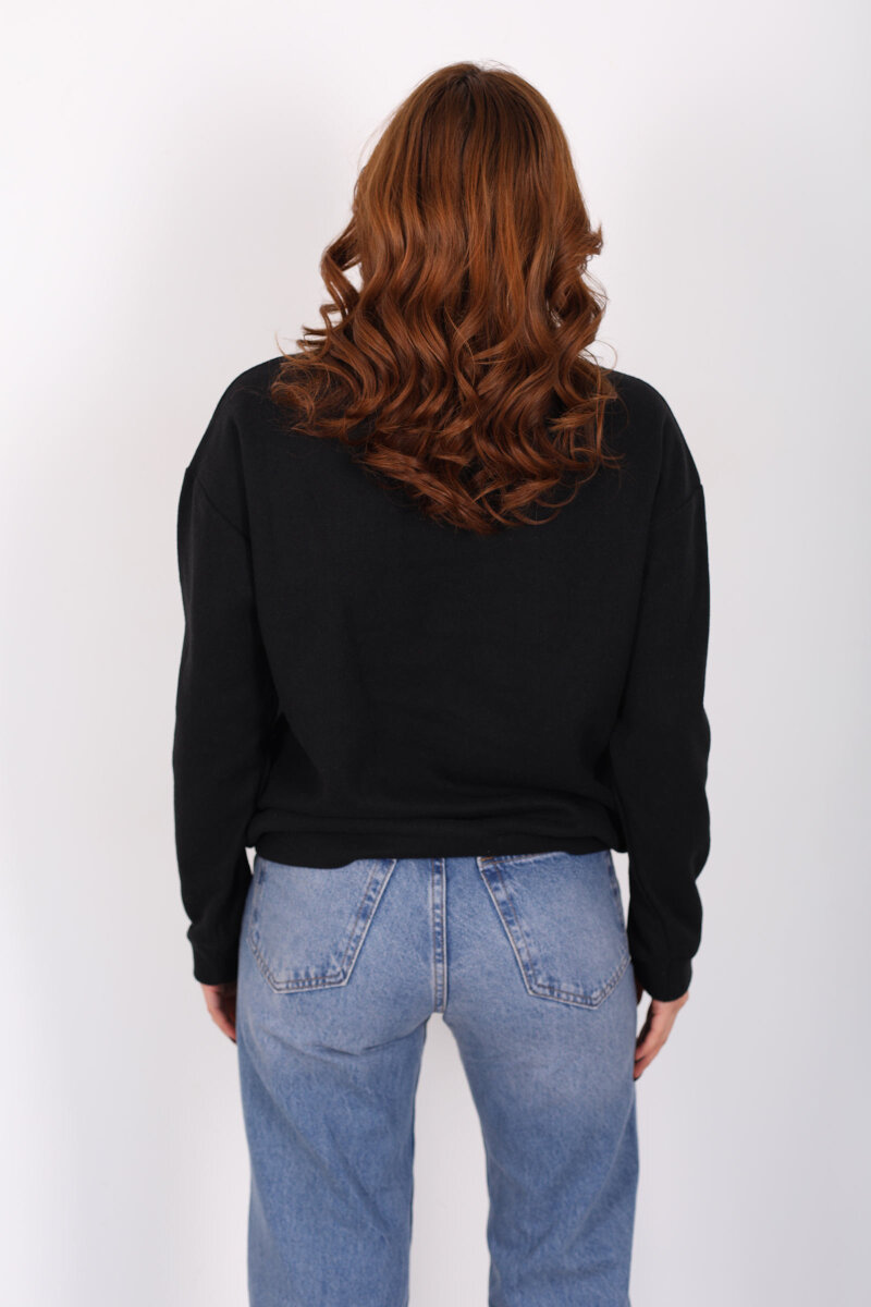 Baskılı Yakası Fularlı Siyah Kadın Selanik Sweat - 5