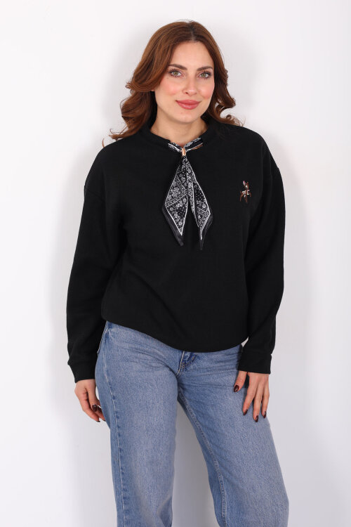 Baskılı Yakası Fularlı Siyah Kadın Selanik Sweat - 6