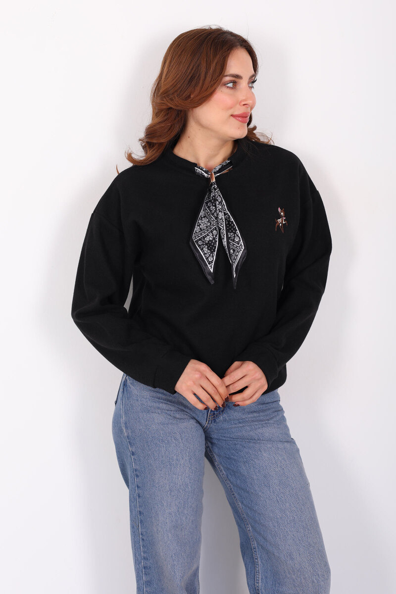 Baskılı Yakası Fularlı Siyah Kadın Selanik Sweat - 1