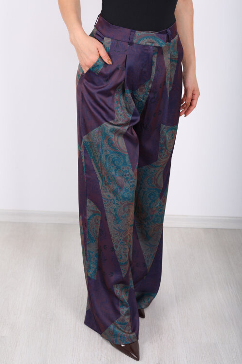 Batik Desen Mor Kadın Bol Paça Saten Pantolon - Berox (1)