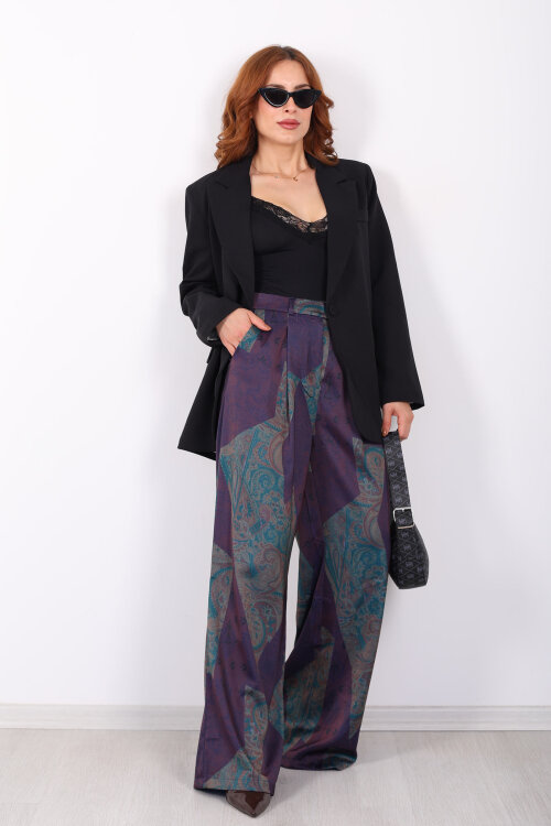 Batik Desen Mor Kadın Bol Paça Saten Pantolon - Berox