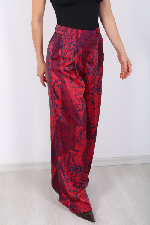 Batik Desen Mürdüm Kadın Bol Paça Saten Pantolon - Berox (1)