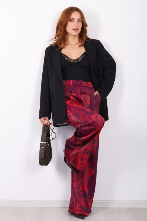 Batik Desen Mürdüm Kadın Bol Paça Saten Pantolon - Berox