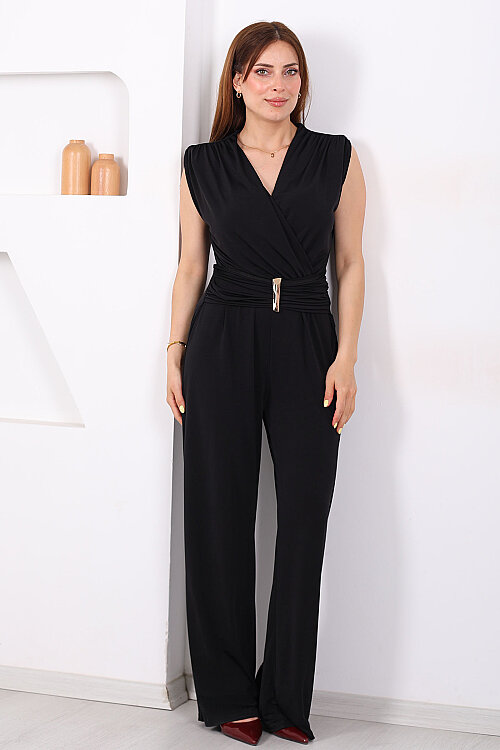 Bel Aksesuarlı Vatkalı Kadın Siyah Tulum - 3