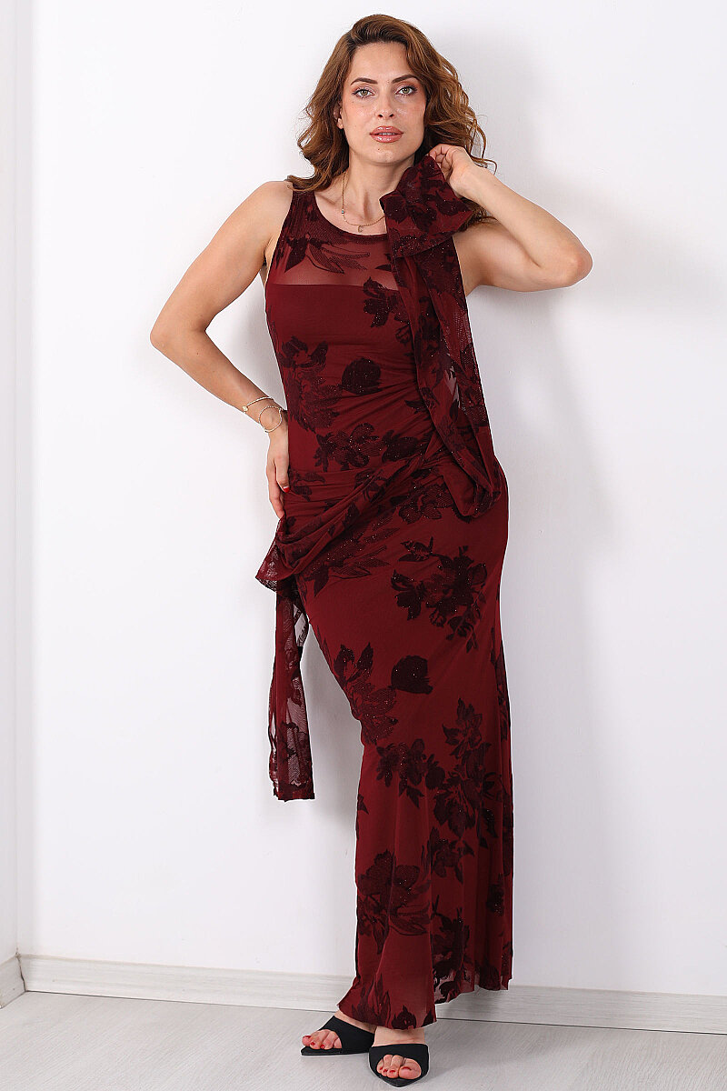 Bel Bağlama Detaylı Bordo Kadın Flok Tül Elbise - 5