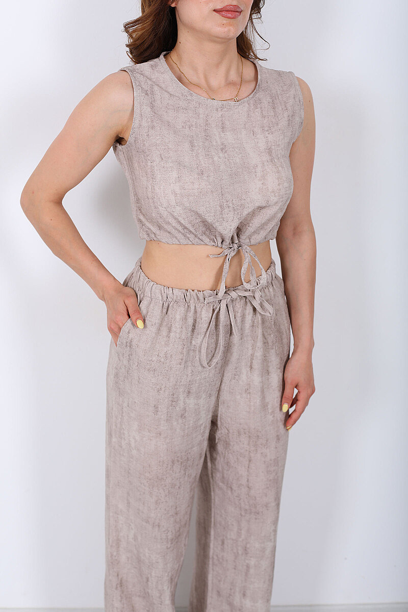 Bel Büzgü Detaylı Kolsuz Crop-Pantolon Taş Kadın Takım - 2