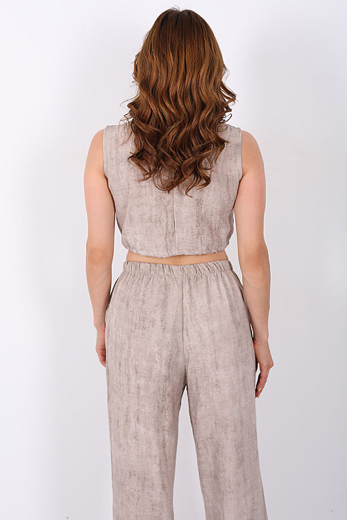 Bel Büzgü Detaylı Kolsuz Crop-Pantolon Taş Kadın Takım - 5