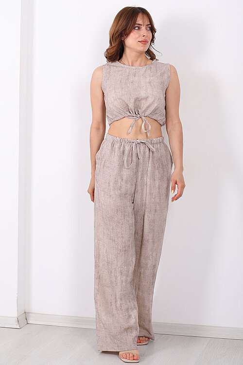 Bel Büzgü Detaylı Kolsuz Crop-Pantolon Taş Kadın Takım - 6