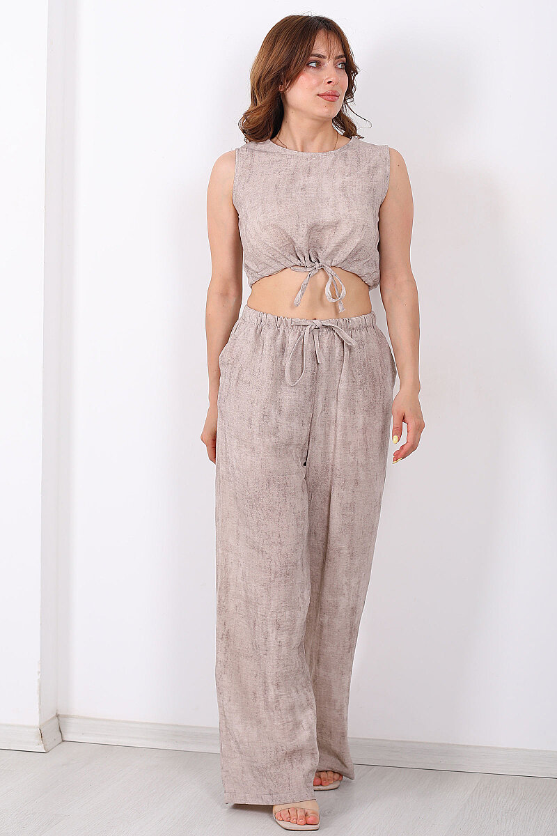 Bel Büzgü Detaylı Kolsuz Crop-Pantolon Taş Kadın Takım - 6