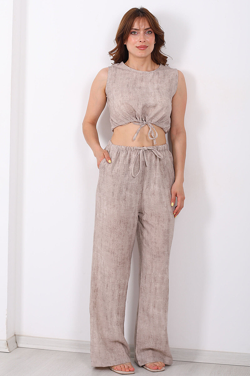 Bel Büzgü Detaylı Kolsuz Crop-Pantolon Taş Kadın Takım - 3