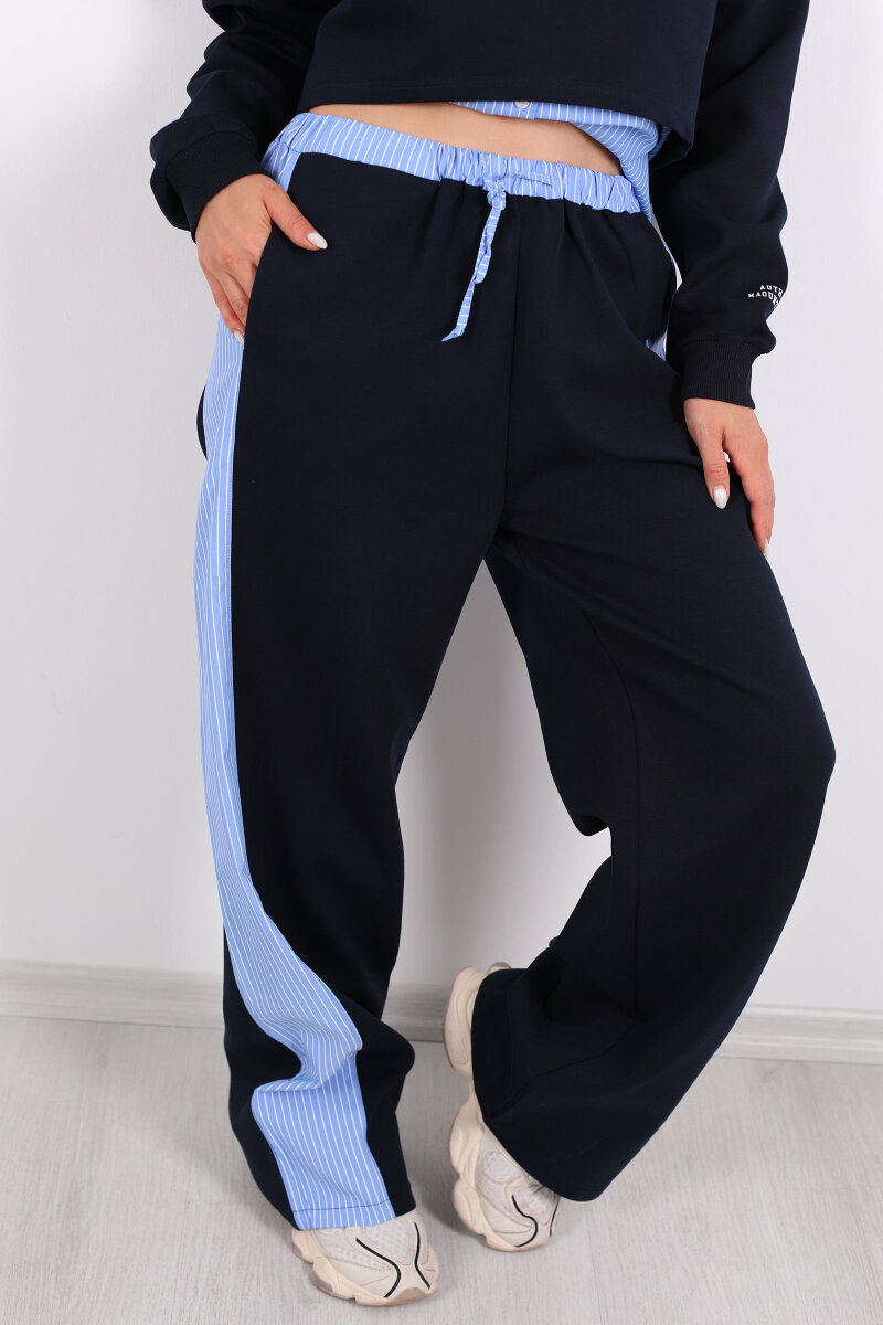 Bel Çizgi Detaylı Şeritli Poplin Lacivert Kadın Pantolon - 2