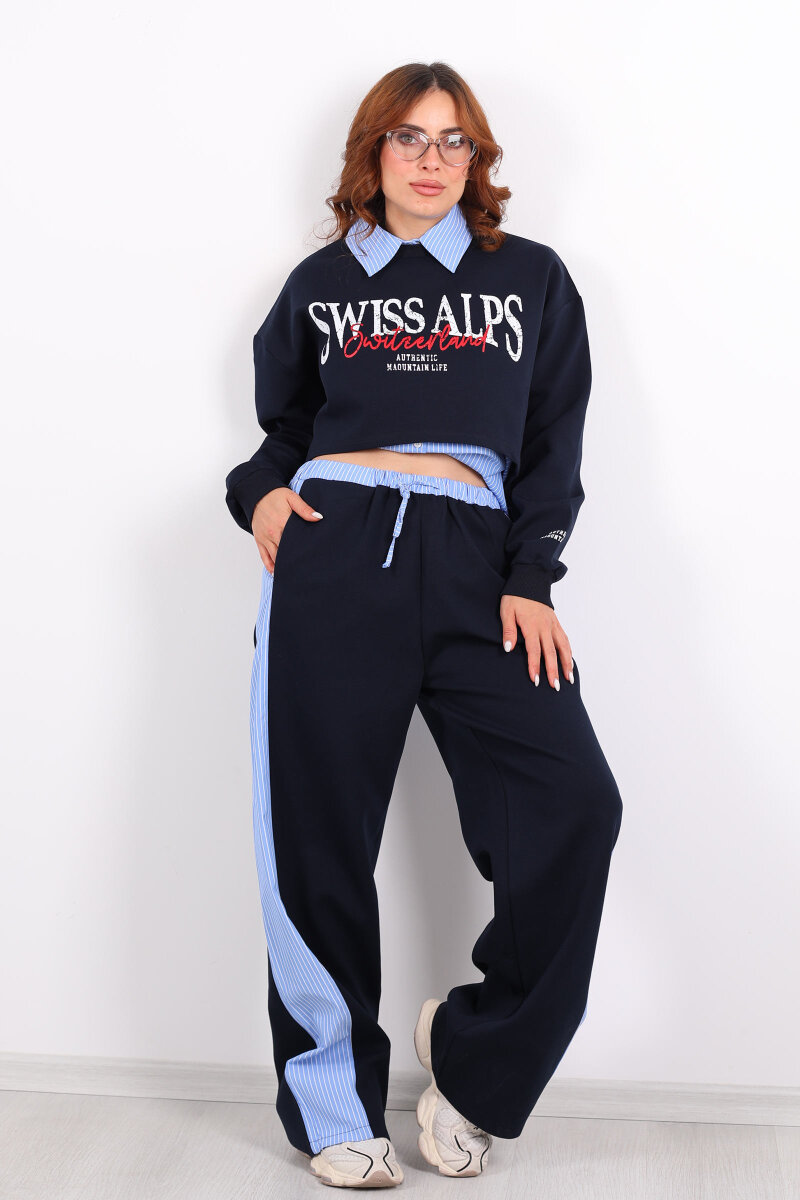 Bel Çizgi Detaylı Şeritli Poplin Lacivert Kadın Pantolon - 1