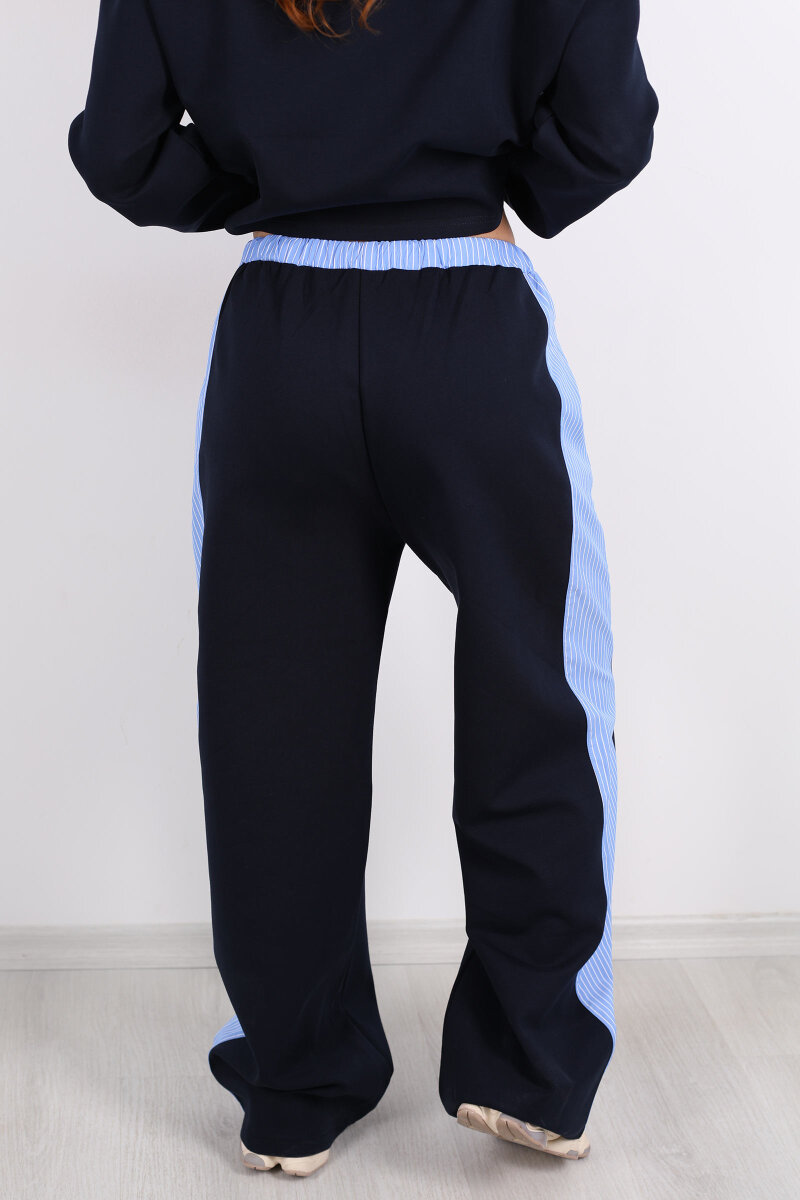 Bel Çizgi Detaylı Şeritli Poplin Lacivert Kadın Pantolon - 3