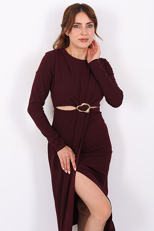Bel Dekolteli Aksesuarlı Bordo Kadın Midi Elbise - 4