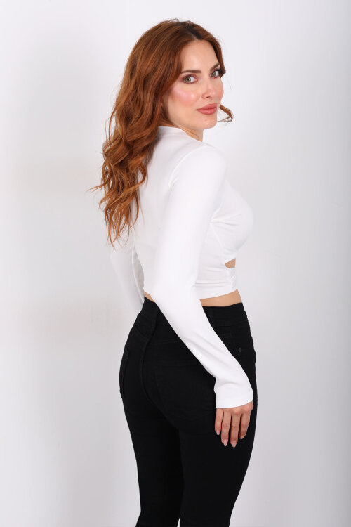 Bel Detaylı Aksesuarlı Beyaz Kadın Sandy Crop - 5