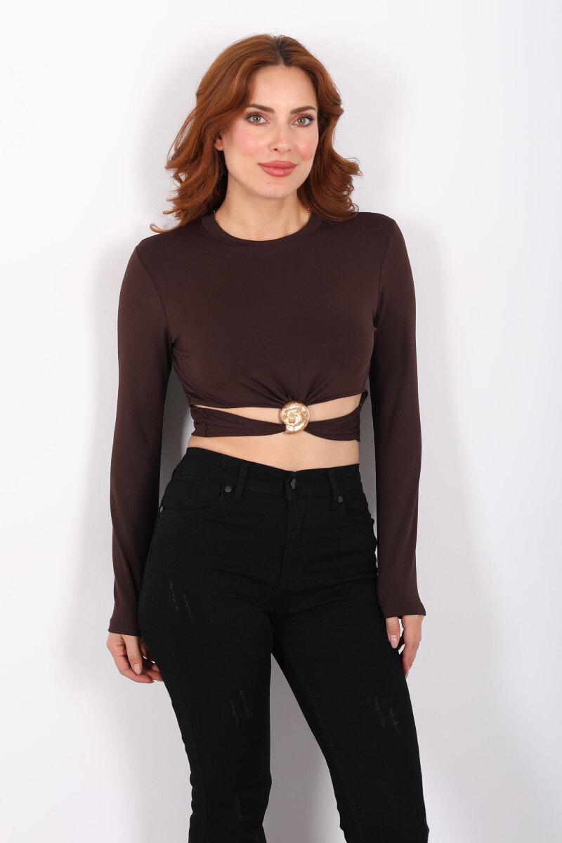 Bel Detaylı Aksesuarlı Kahverengi Kadın Sandy Crop - 6