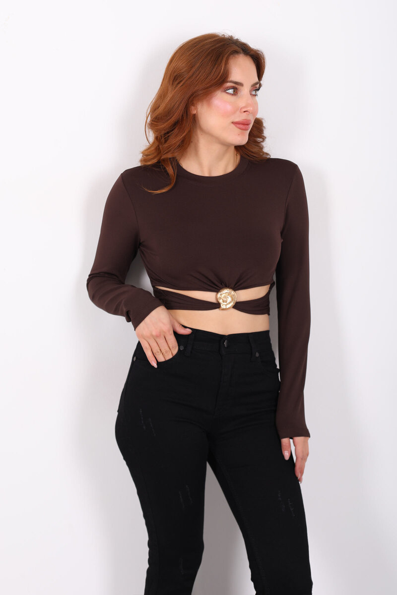 Bel Detaylı Aksesuarlı Kahverengi Kadın Sandy Crop - 4