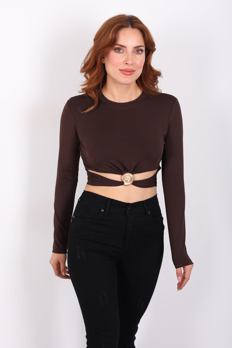 Bel Detaylı Aksesuarlı Kahverengi Kadın Sandy Crop - 3