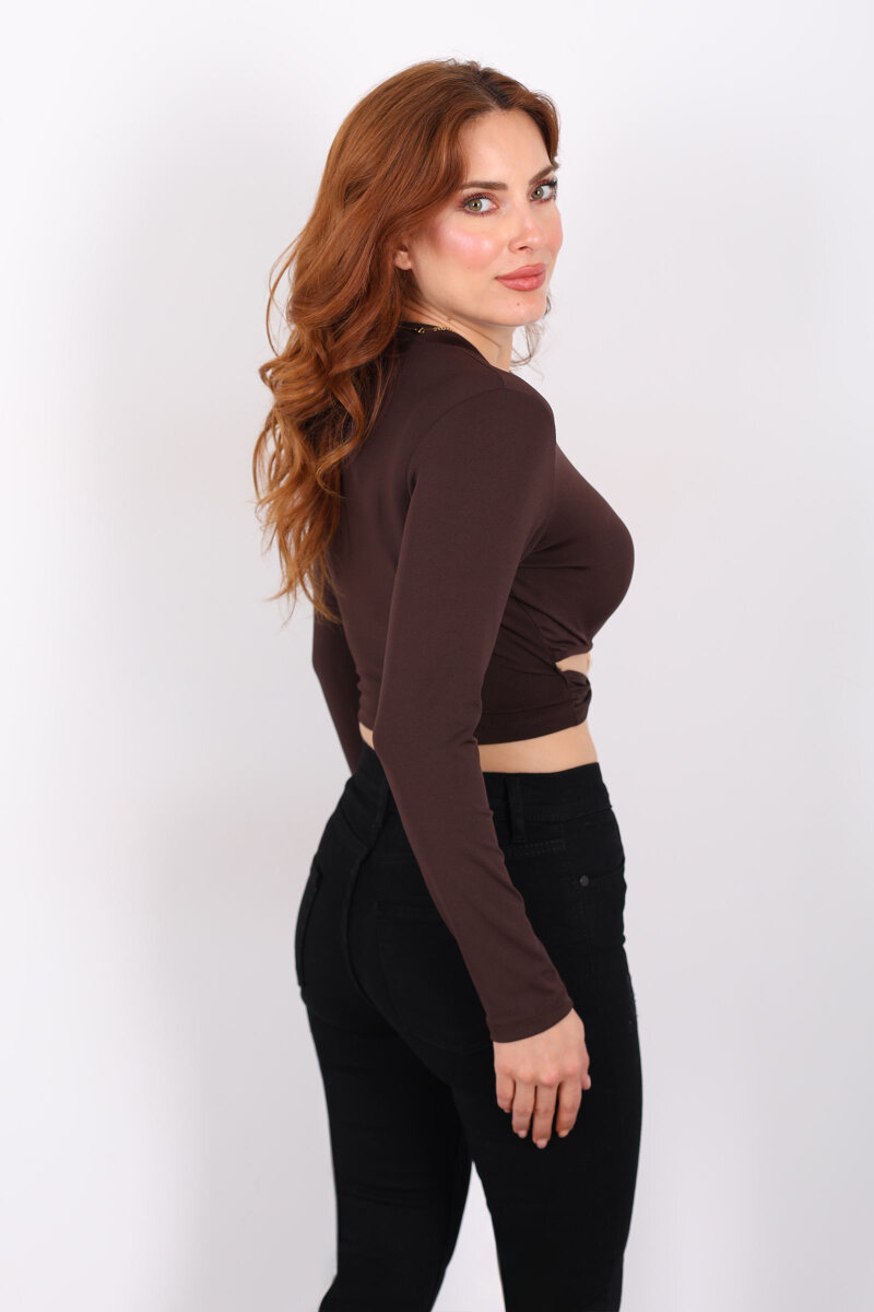 Bel Detaylı Aksesuarlı Kahverengi Kadın Sandy Crop - 5