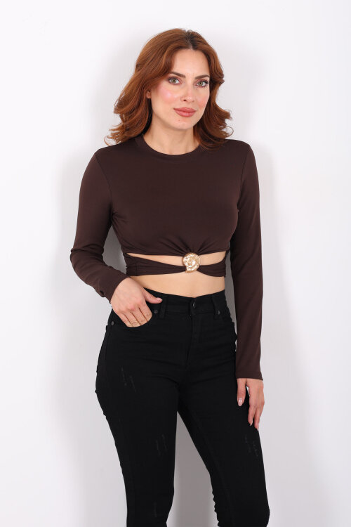 Bel Detaylı Aksesuarlı Kahverengi Kadın Sandy Crop - Berox