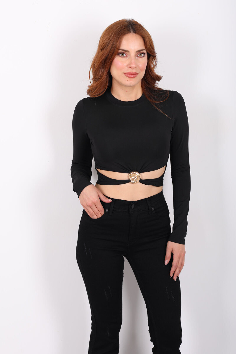 Bel Detaylı Aksesuarlı Siyah Kadın Sandy Crop - 4