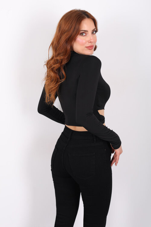 Bel Detaylı Aksesuarlı Siyah Kadın Sandy Crop - 5