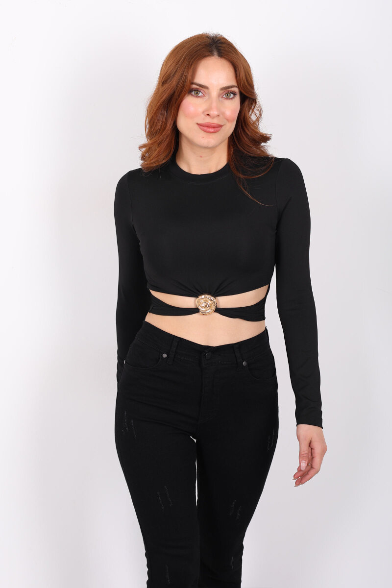 Bel Detaylı Aksesuarlı Siyah Kadın Sandy Crop - 6
