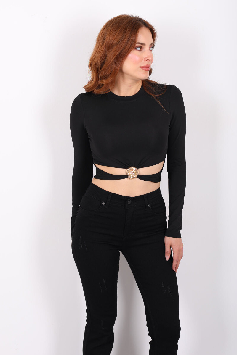 Bel Detaylı Aksesuarlı Siyah Kadın Sandy Crop - 3