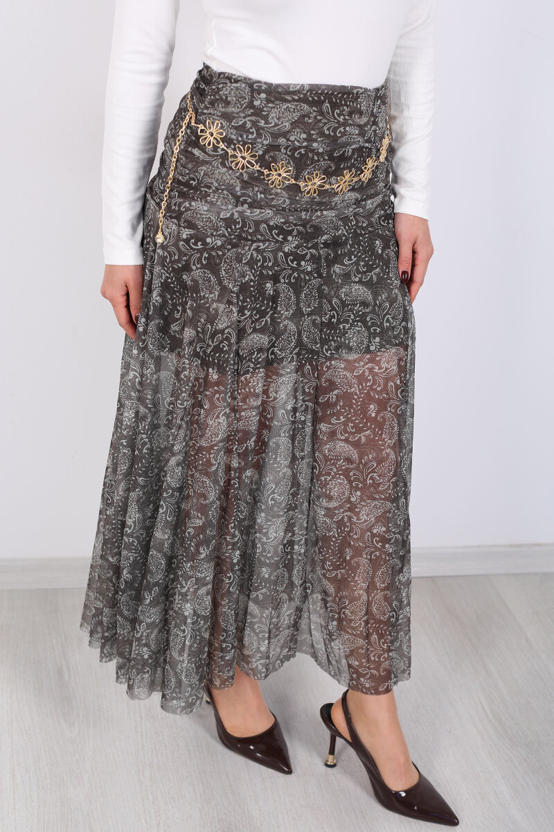 Bel Detaylı Drapeli Şal Desen Haki Kadın Uzun Etek - 2