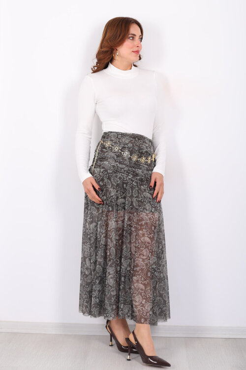 Bel Detaylı Drapeli Şal Desen Haki Kadın Uzun Etek - Berox