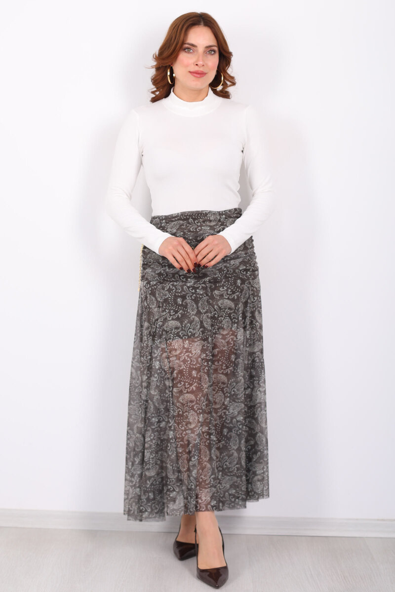 Bel Detaylı Drapeli Şal Desen Haki Kadın Uzun Etek - 7