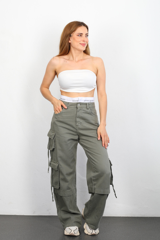 Bel Lastik Ve Yazılı Kargo Cepli Haki Kadın Baggy Pantolon - 4