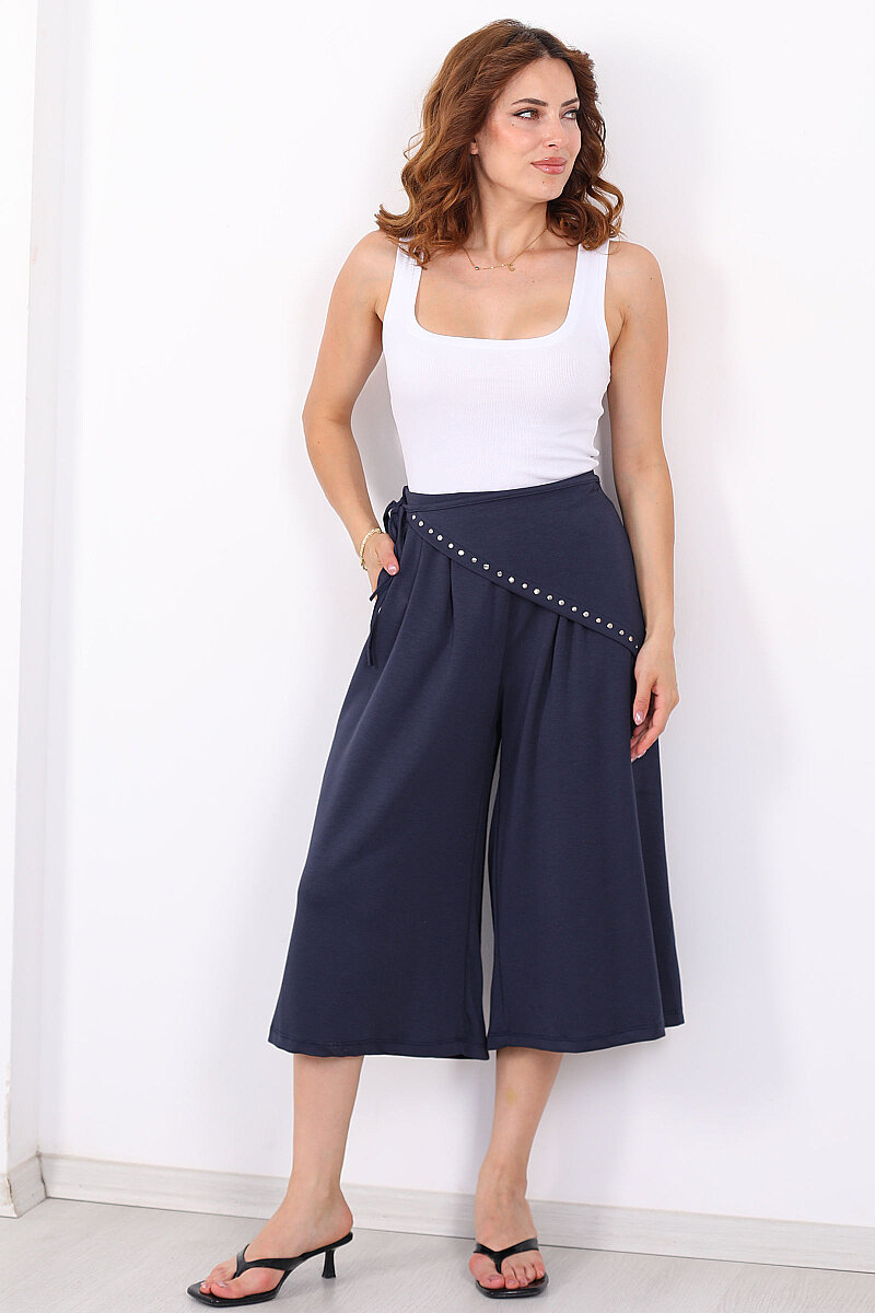 Bel Lastikli Füme Kadın Peçeli Bermuda Pantolon - 1