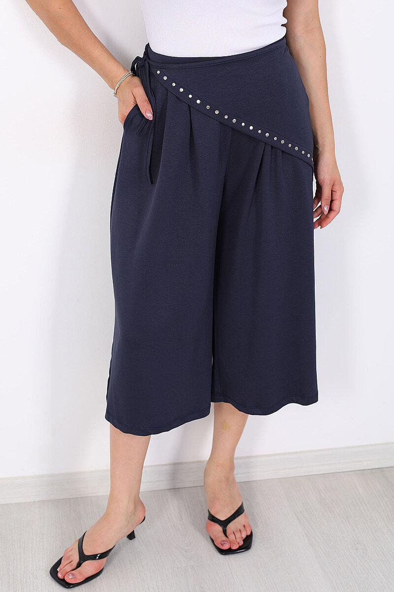 Bel Lastikli Füme Kadın Peçeli Bermuda Pantolon - 2