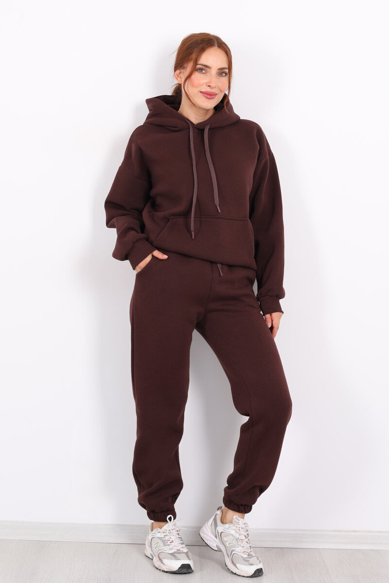 Bel Paça Lastikli Acı Kahve Kadın Üç İplik Eşofman Altı - 1