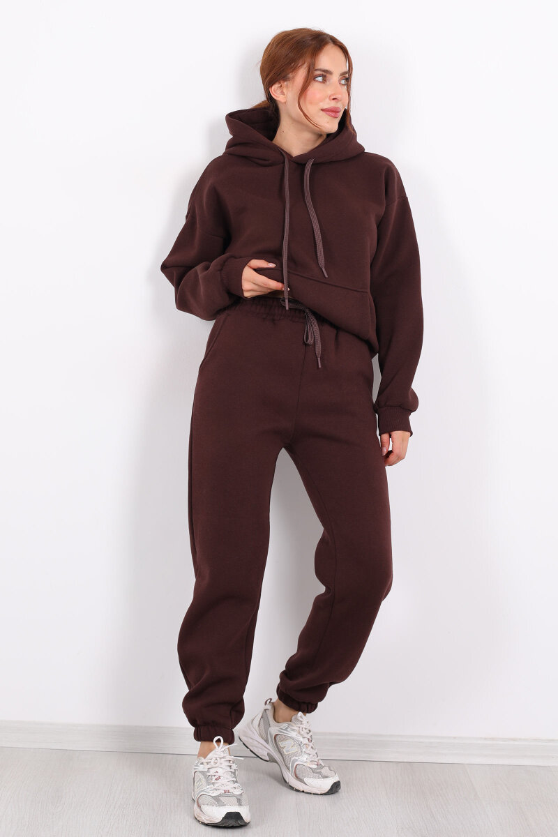 Bel Paça Lastikli Acı Kahve Kadın Üç İplik Eşofman Altı - 4