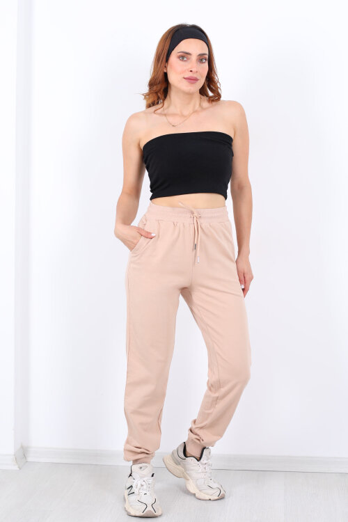 Bel Paça Lastikli Basic Bej Kadın Eşofman Altı - 5